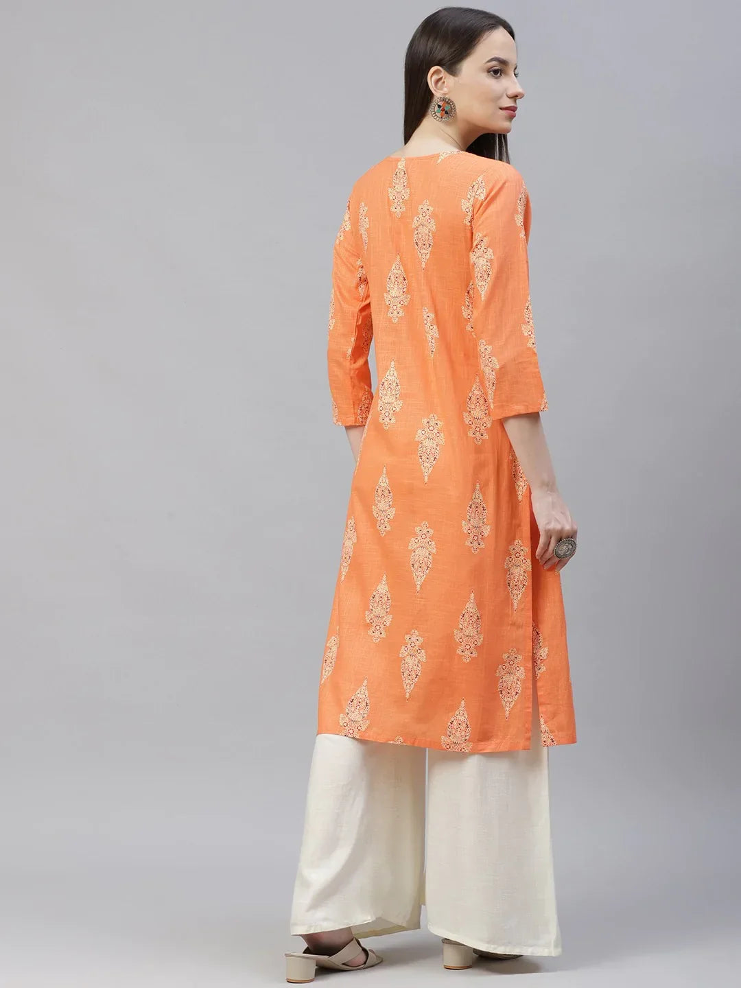 Jompers Women's Orange & Grey Ethnic Motifs Printed Block Print Kurta with Box Pleate | Grocsy