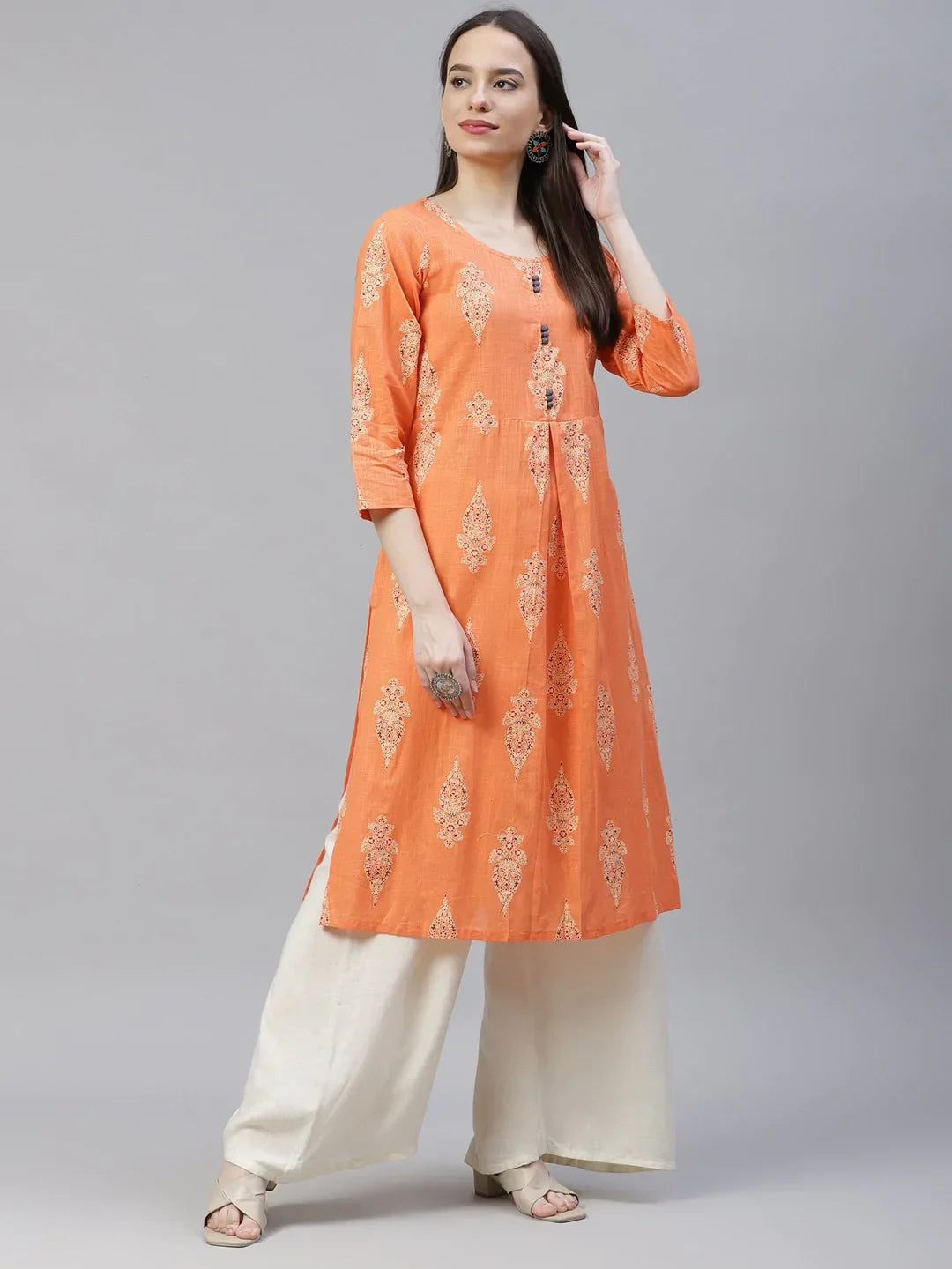 Jompers Women's Orange & Grey Ethnic Motifs Printed Block Print Kurta with Box Pleate | Grocsy