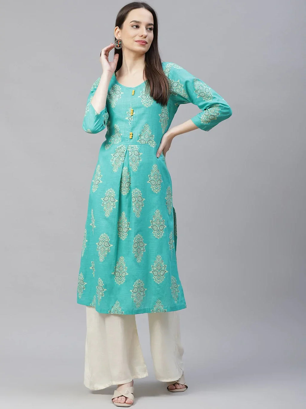 Jompers Women's Sea Green & Yellow Ethnic Motifs Printed Block Print Kurta with Box Pleate | Grocsy