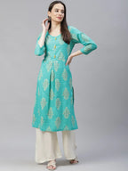 Jompers Women's Sea Green & Yellow Ethnic Motifs Printed Block Print Kurta with Box Pleate | Grocsy