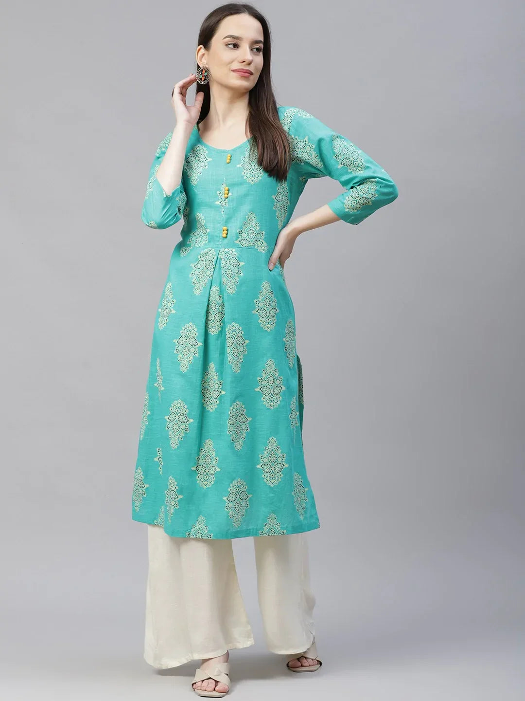 Jompers Women's Sea Green & Yellow Ethnic Motifs Printed Block Print Kurta with Box Pleate | Grocsy
