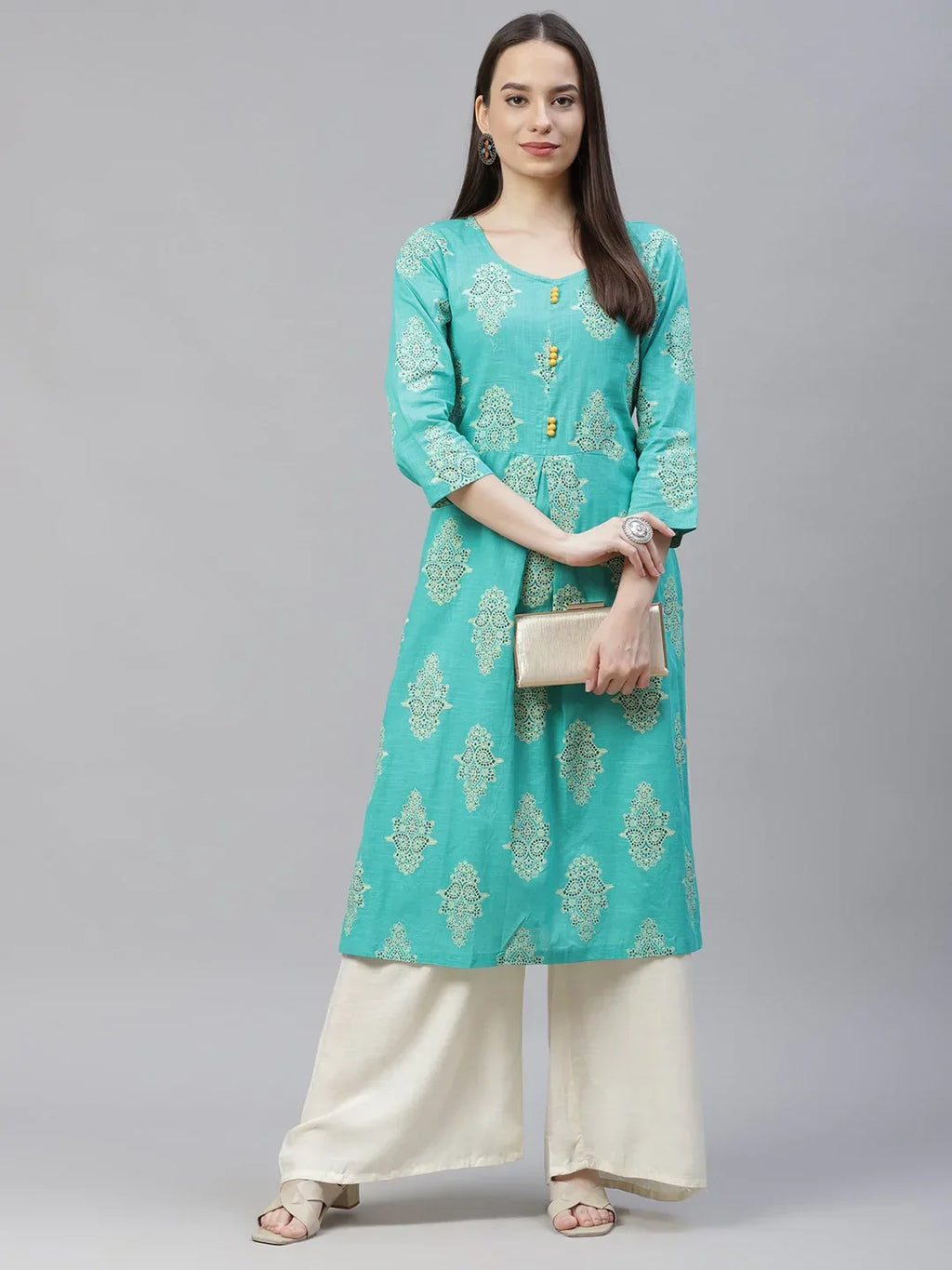 Jompers Women's Sea Green & Yellow Ethnic Motifs Printed Block Print Kurta with Box Pleate | Grocsy