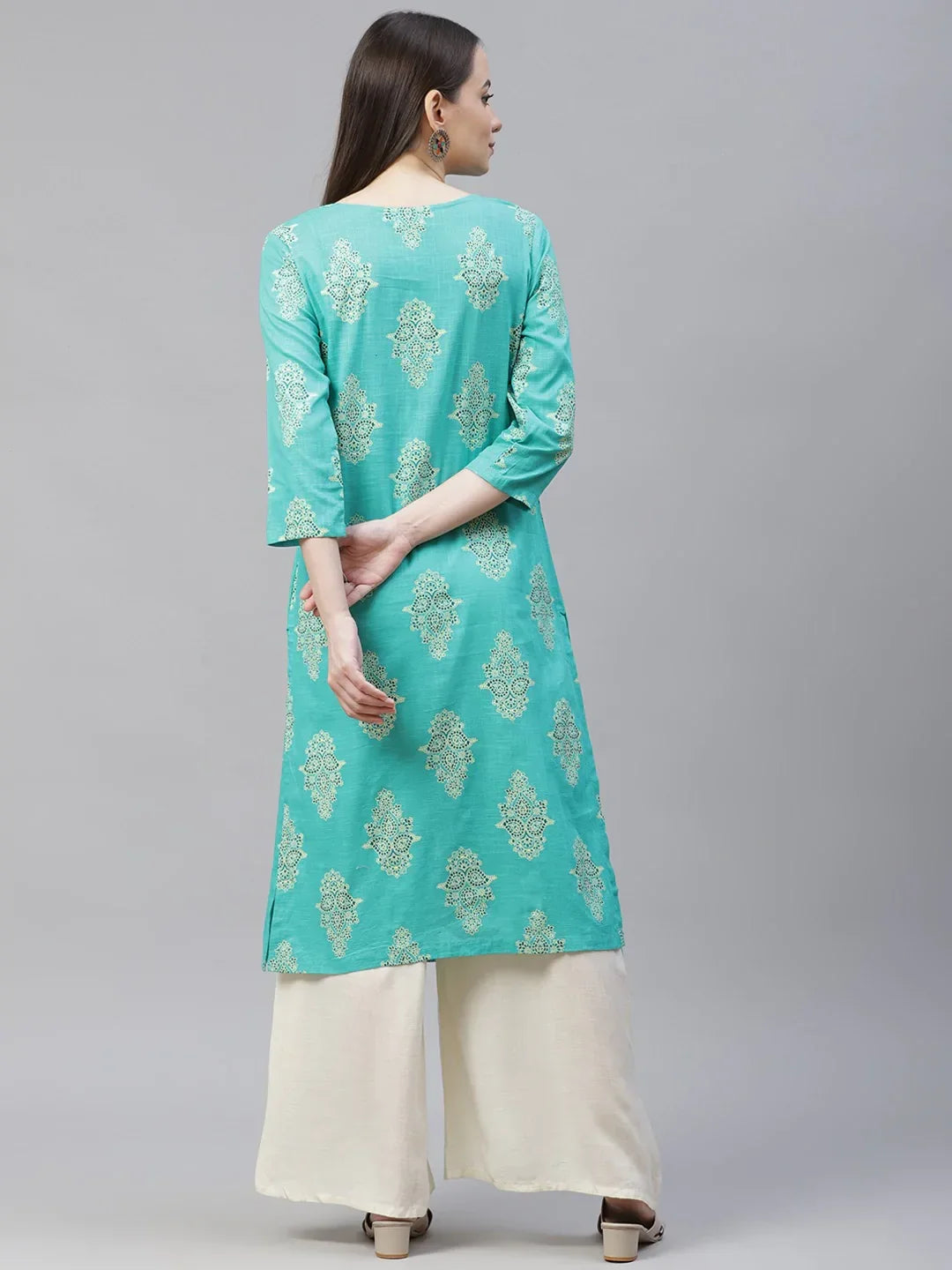 Jompers Women's Sea Green & Yellow Ethnic Motifs Printed Block Print Kurta with Box Pleate | Grocsy