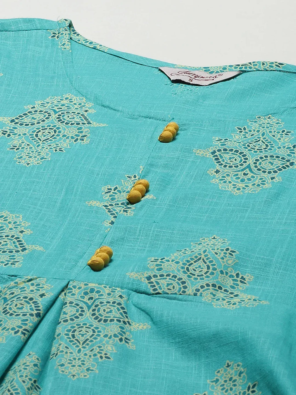 Jompers Women's Sea Green & Yellow Ethnic Motifs Printed Block Print Kurta with Box Pleate | Grocsy