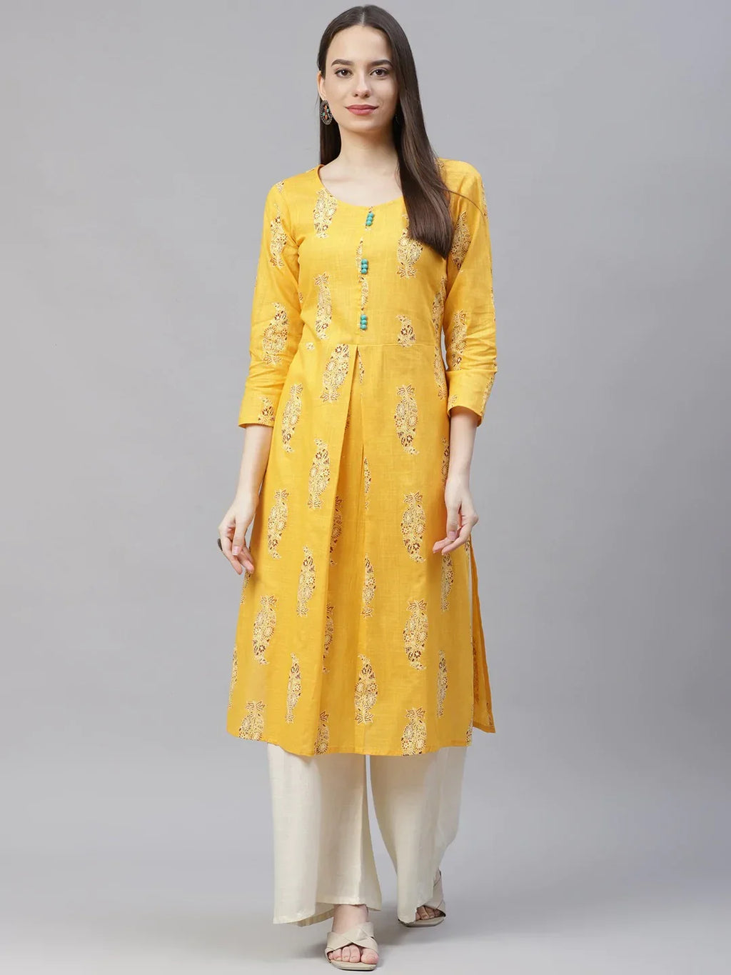 Jompers Women's Yellow & Sea Green Ethnic Motifs Printed Block Print Kurta with Box Pleate | Grocsy