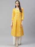 Jompers Women's Yellow & Sea Green Ethnic Motifs Printed Block Print Kurta with Box Pleate | Grocsy
