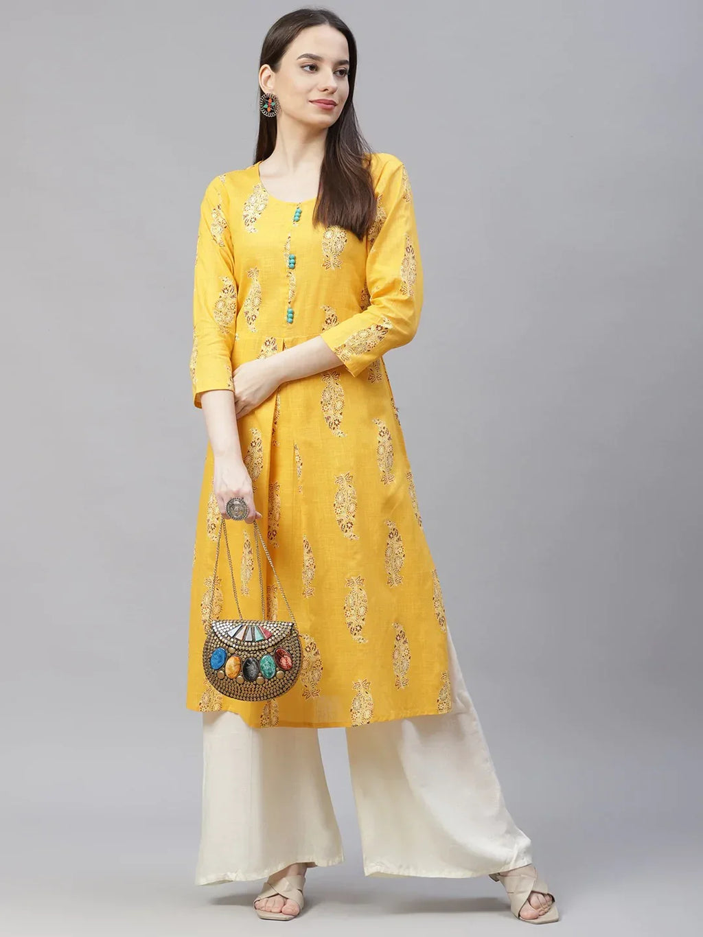 Jompers Women's Yellow & Sea Green Ethnic Motifs Printed Block Print Kurta with Box Pleate | Grocsy