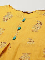 Jompers Women's Yellow & Sea Green Ethnic Motifs Printed Block Print Kurta with Box Pleate | Grocsy