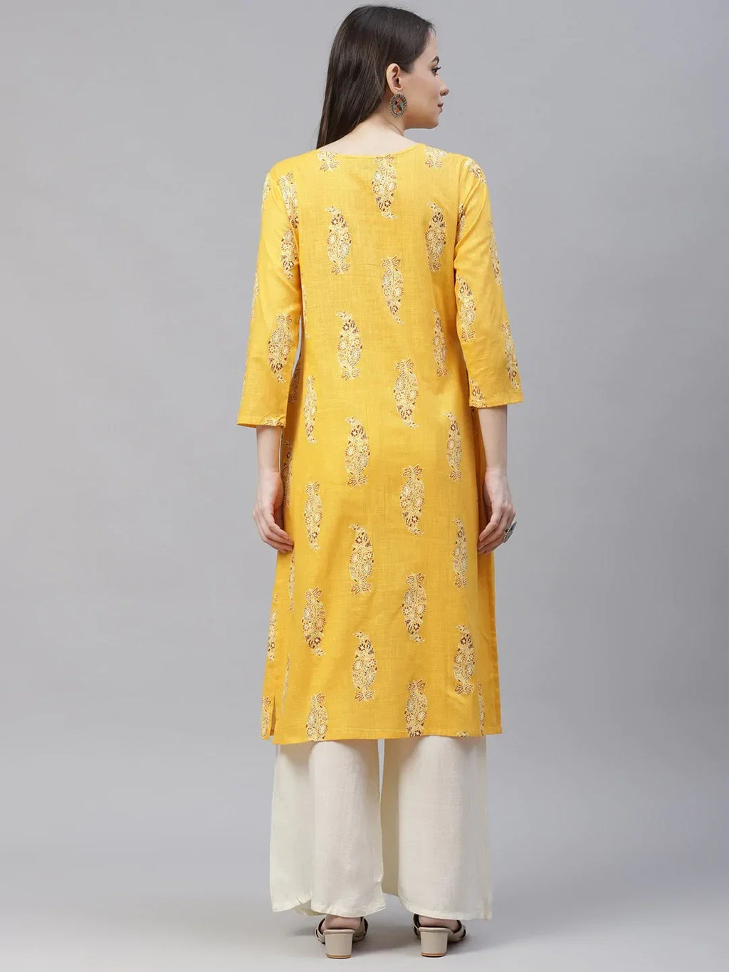 Jompers Women's Yellow & Sea Green Ethnic Motifs Printed Block Print Kurta with Box Pleate | Grocsy