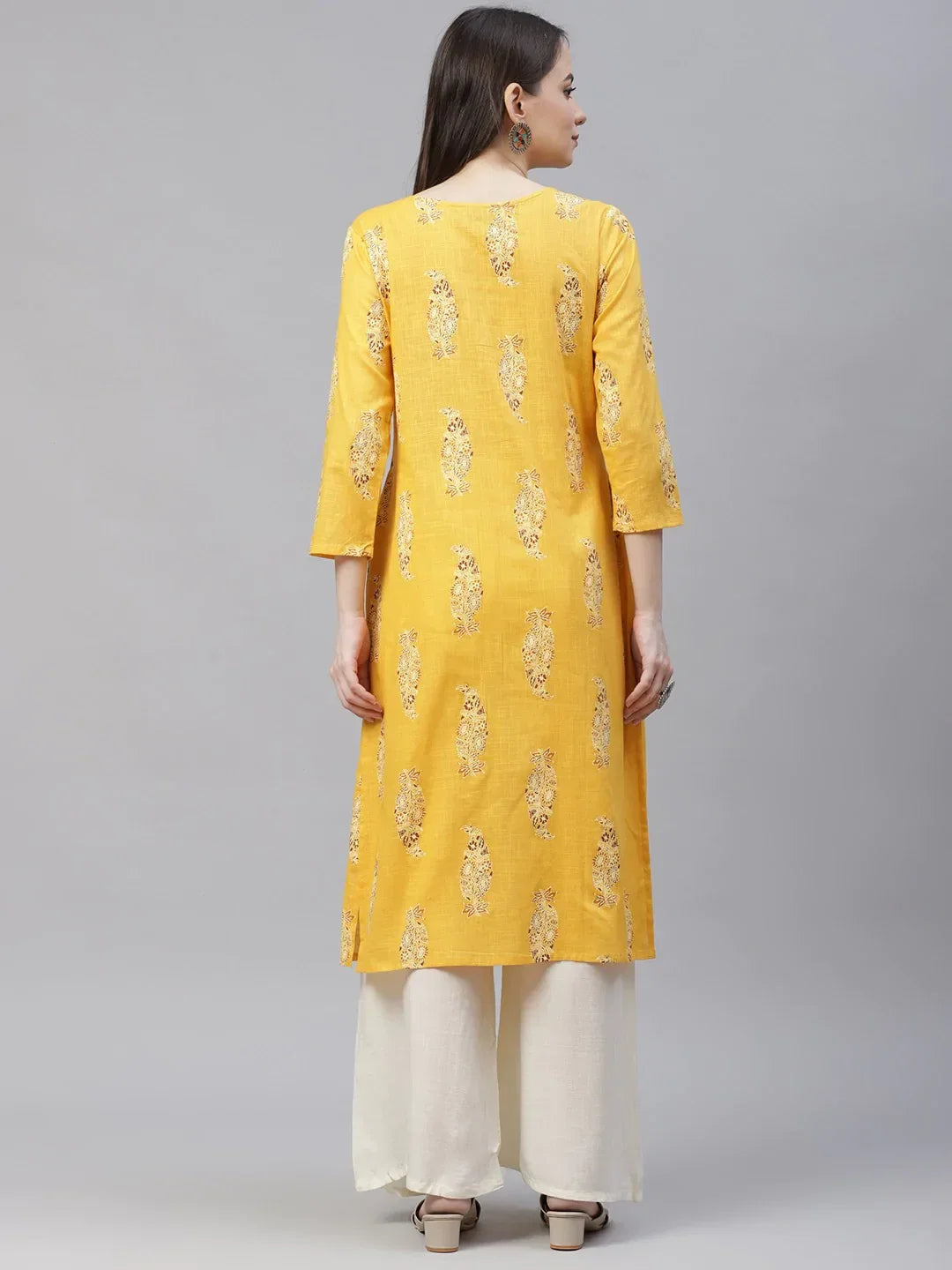 Jompers Women's Yellow & Sea Green Ethnic Motifs Printed Block Print Kurta with Box Pleate | Grocsy