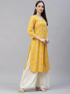 Jompers Women's Yellow & Sea Green Ethnic Motifs Printed Block Print Kurta with Box Pleate | Grocsy