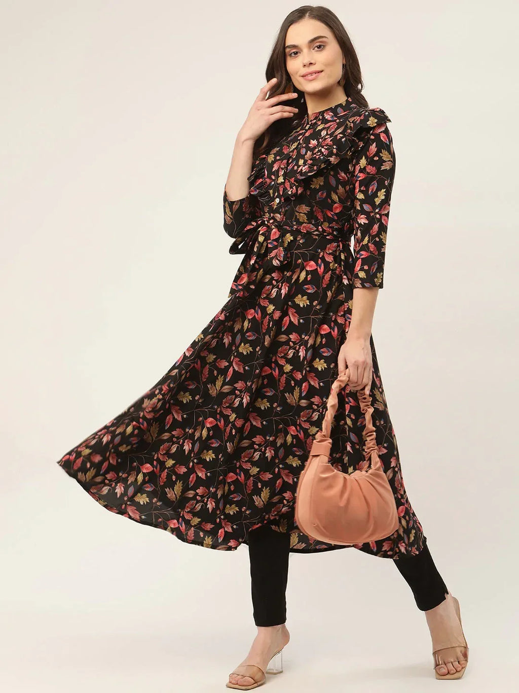 Jompers Women's Black Flared Printed kurta | Grocsy