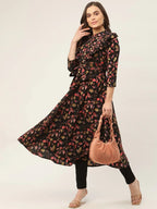Jompers Women's Black Flared Printed kurta | Grocsy