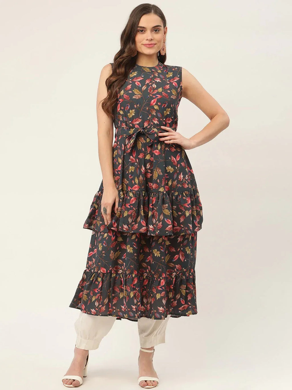 Jompers Women's Grey Flared Printed kurta | Grocsy