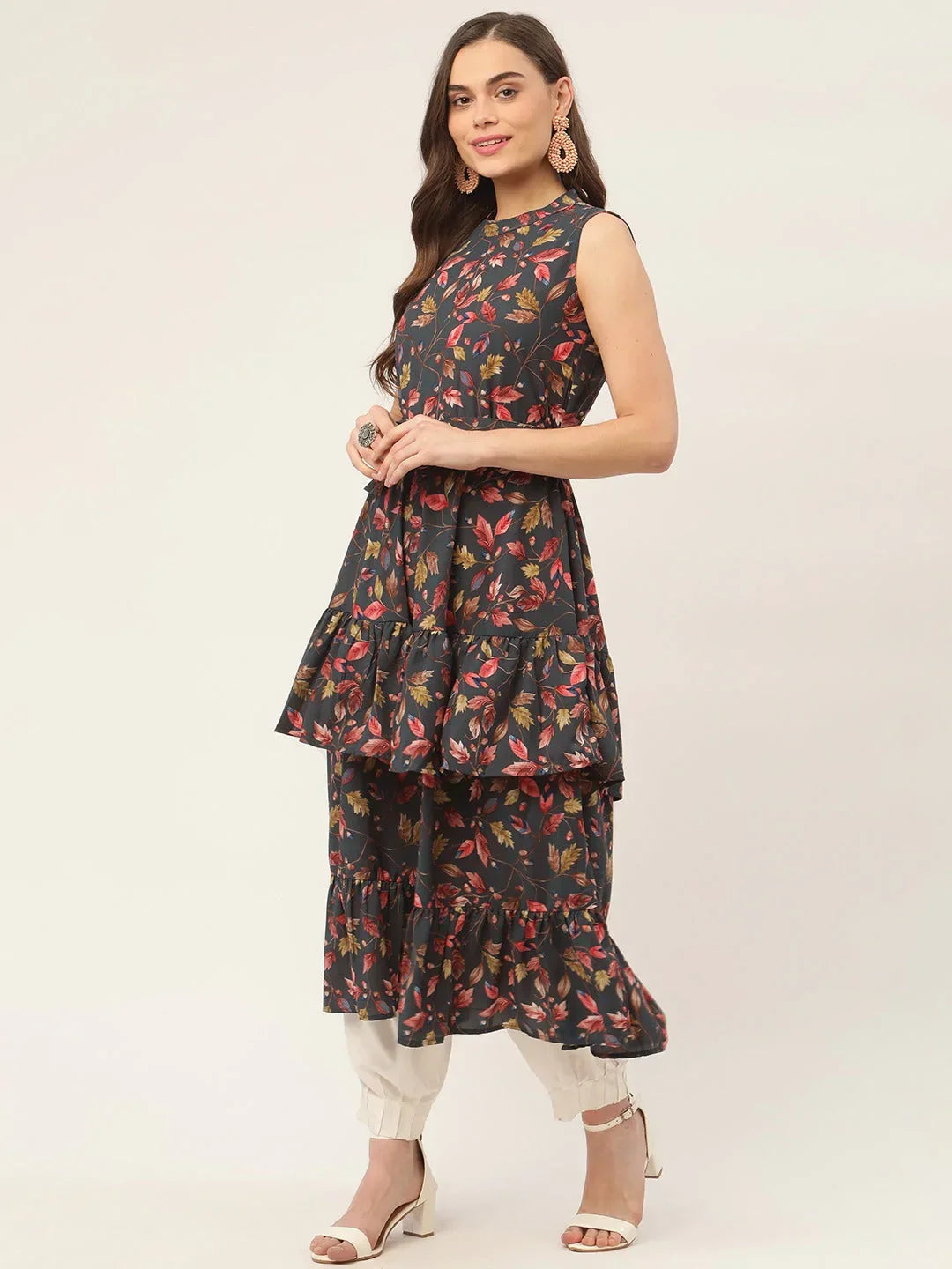 Jompers Women's Grey Flared Printed kurta | Grocsy