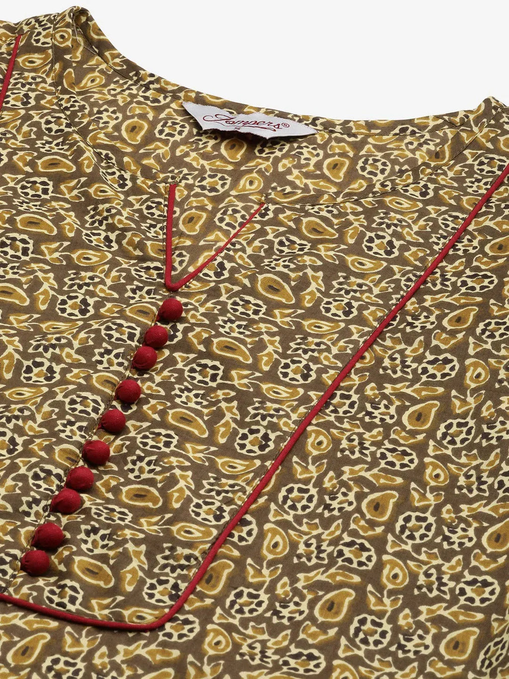 Jompers Women's Brown and Olive Printed Straight Pure Cotton Kurta | Grocsy