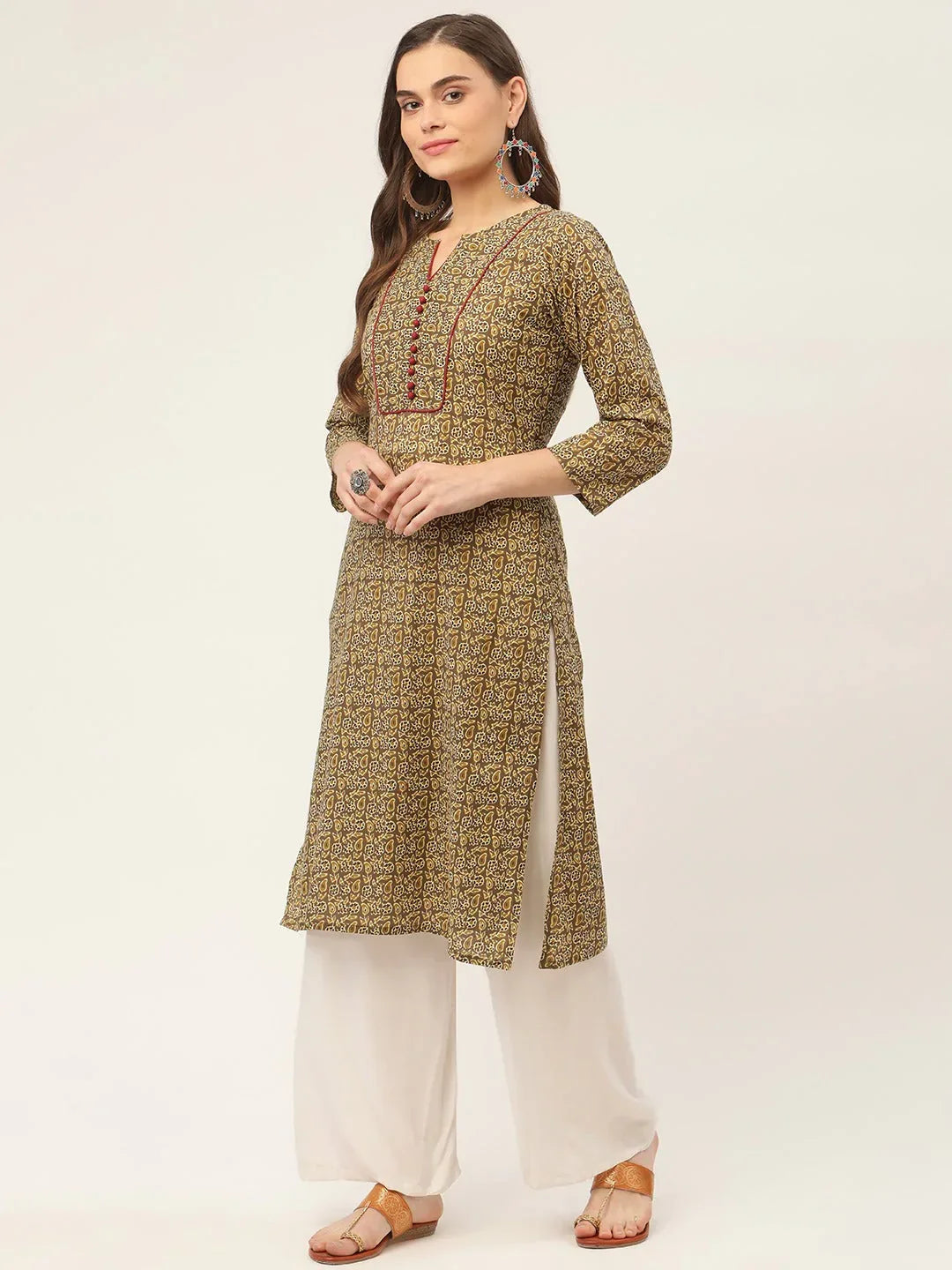 Jompers Women's Brown and Olive Printed Straight Pure Cotton Kurta | Grocsy