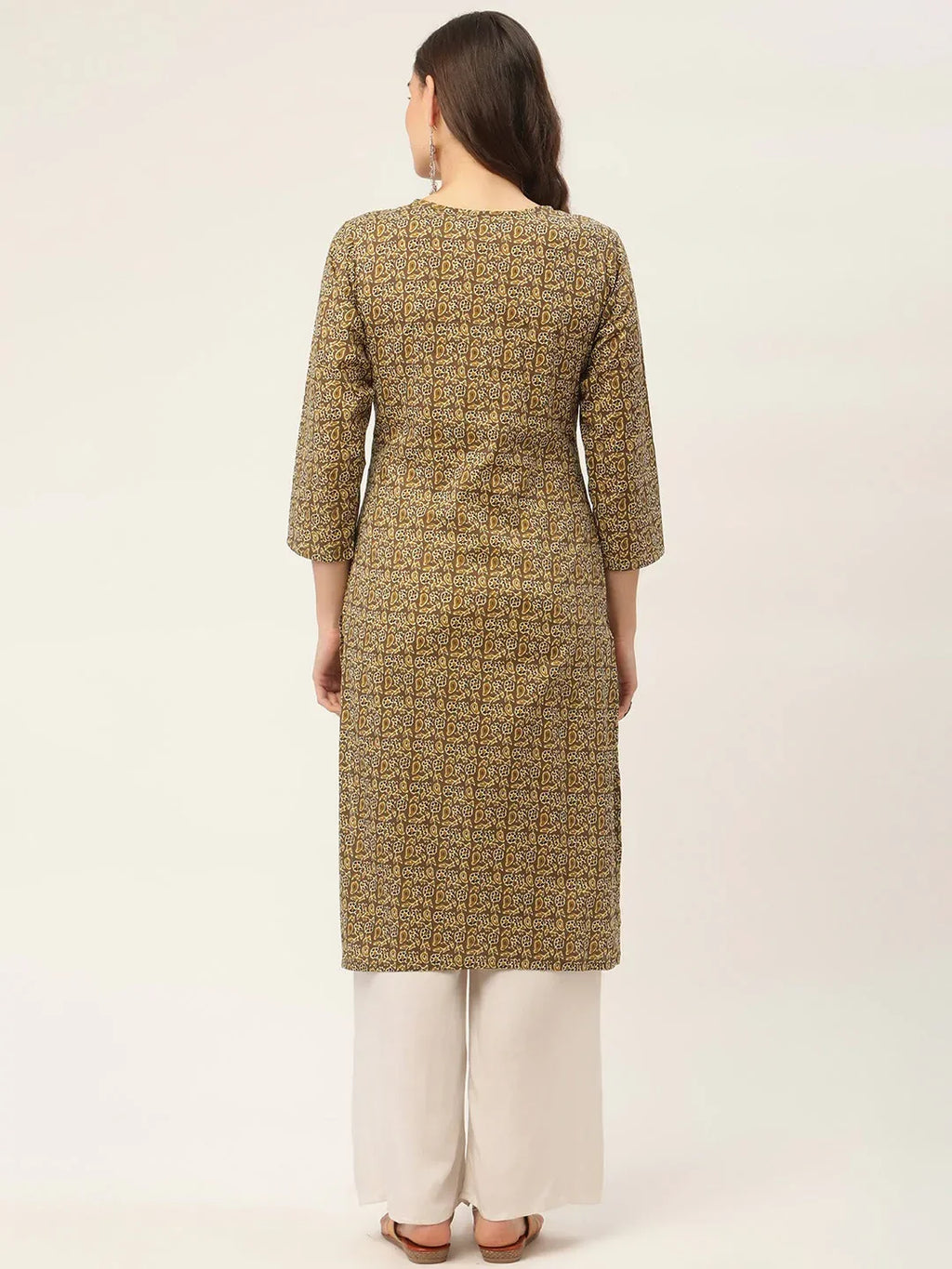 Jompers Women's Brown and Olive Printed Straight Pure Cotton Kurta | Grocsy