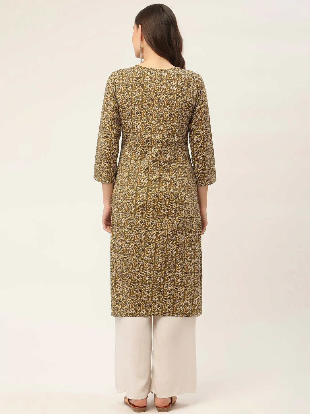 Jompers Women's Brown and Olive Printed Straight Pure Cotton Kurta | Grocsy