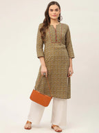 Jompers Women's Brown and Olive Printed Straight Pure Cotton Kurta | Grocsy