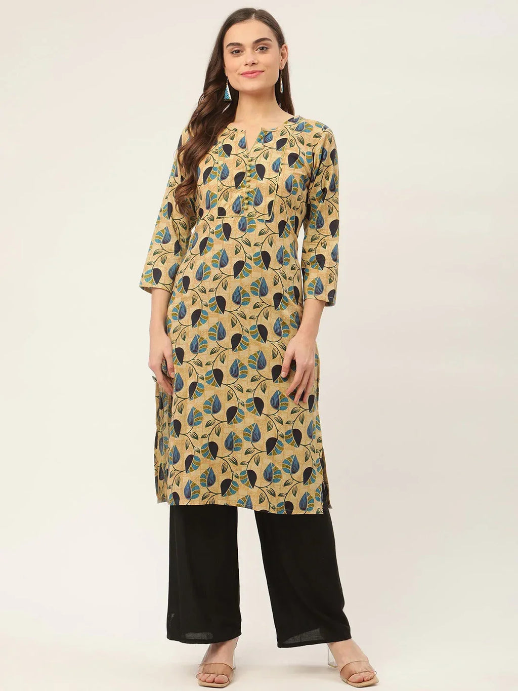 Jompers Women's Beige and Navy Printed Straight Pure Cotton Kurta | Grocsy