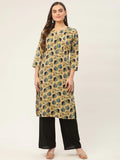 Jompers Women's Beige and Navy Printed Straight Pure Cotton Kurta | Grocsy