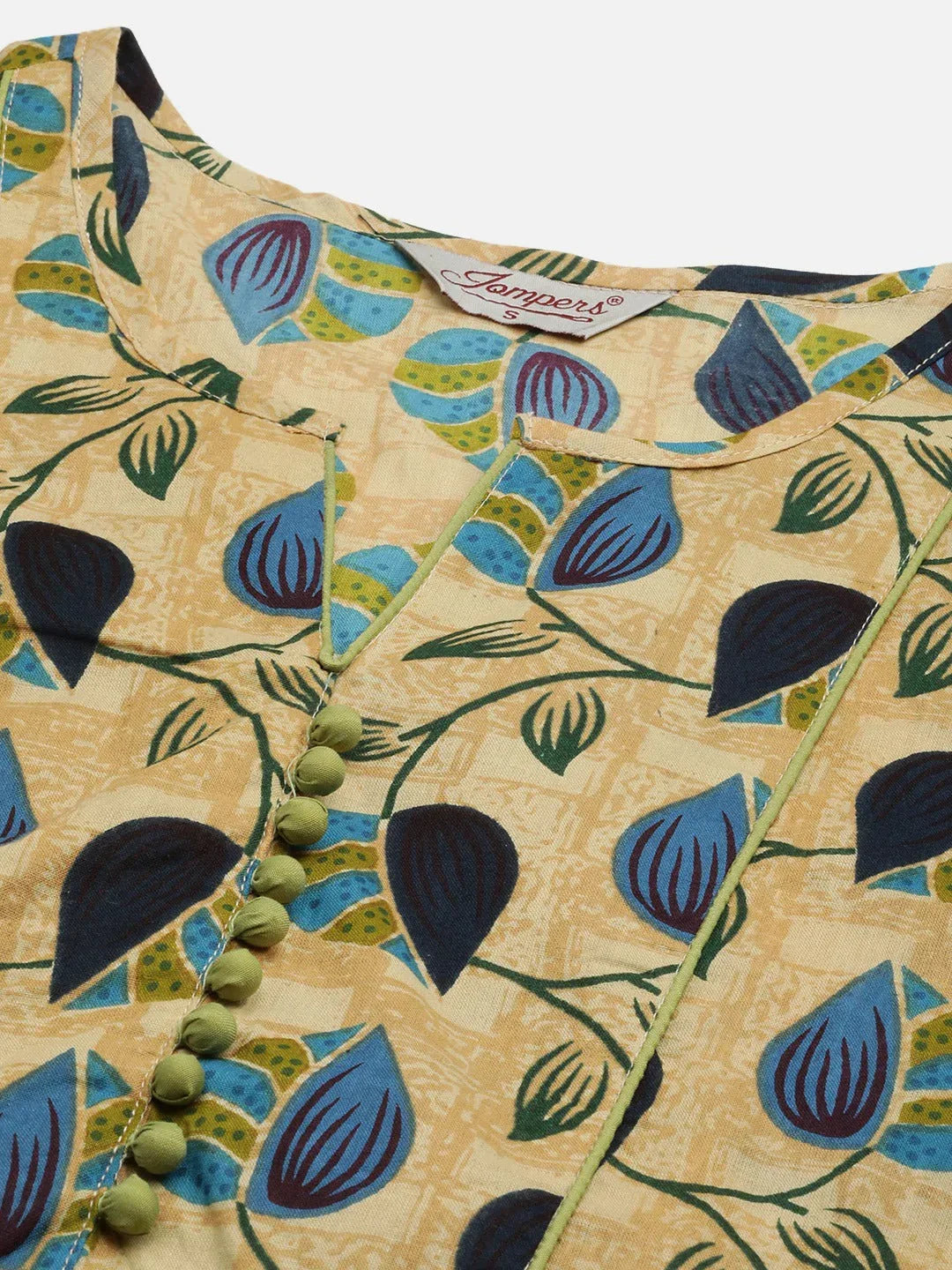 Jompers Women's Beige and Navy Printed Straight Pure Cotton Kurta | Grocsy