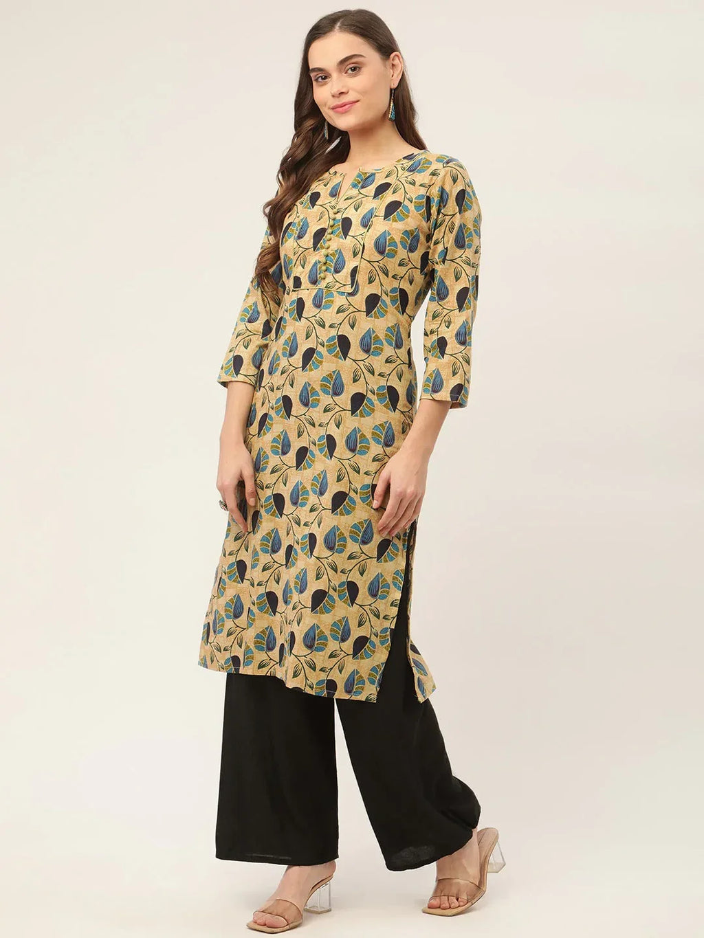 Jompers Women's Beige and Navy Printed Straight Pure Cotton Kurta | Grocsy