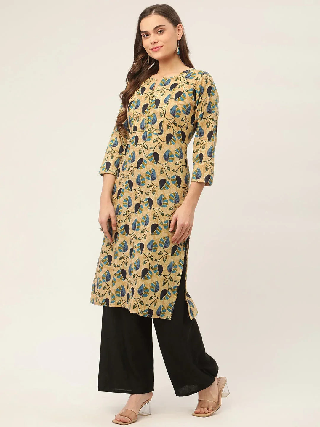 Jompers Women's Beige and Navy Printed Straight Pure Cotton Kurta | Grocsy