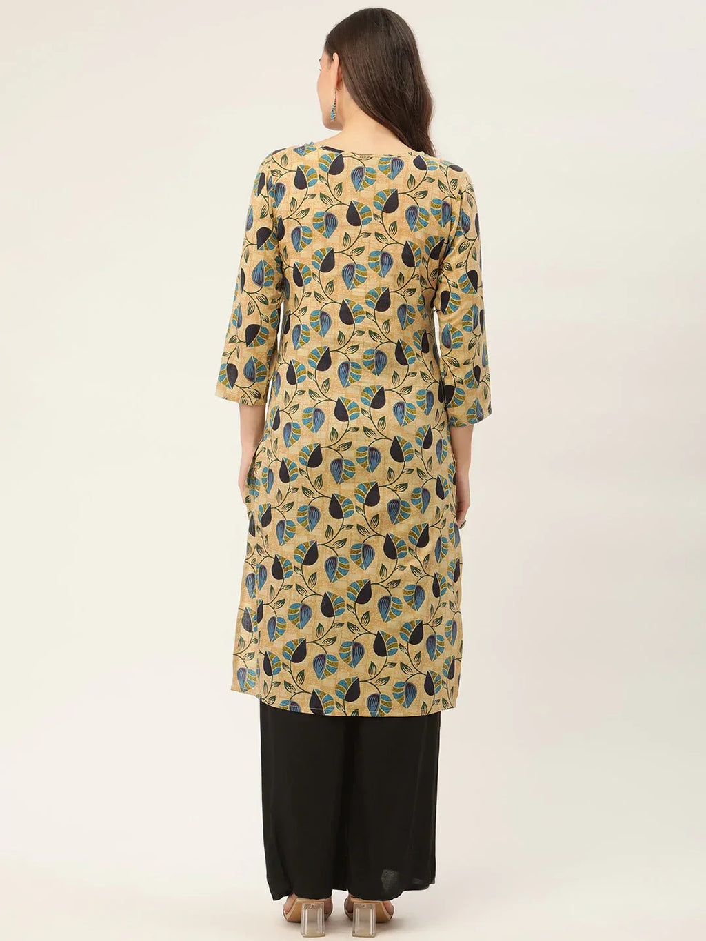 Jompers Women's Beige and Navy Printed Straight Pure Cotton Kurta | Grocsy
