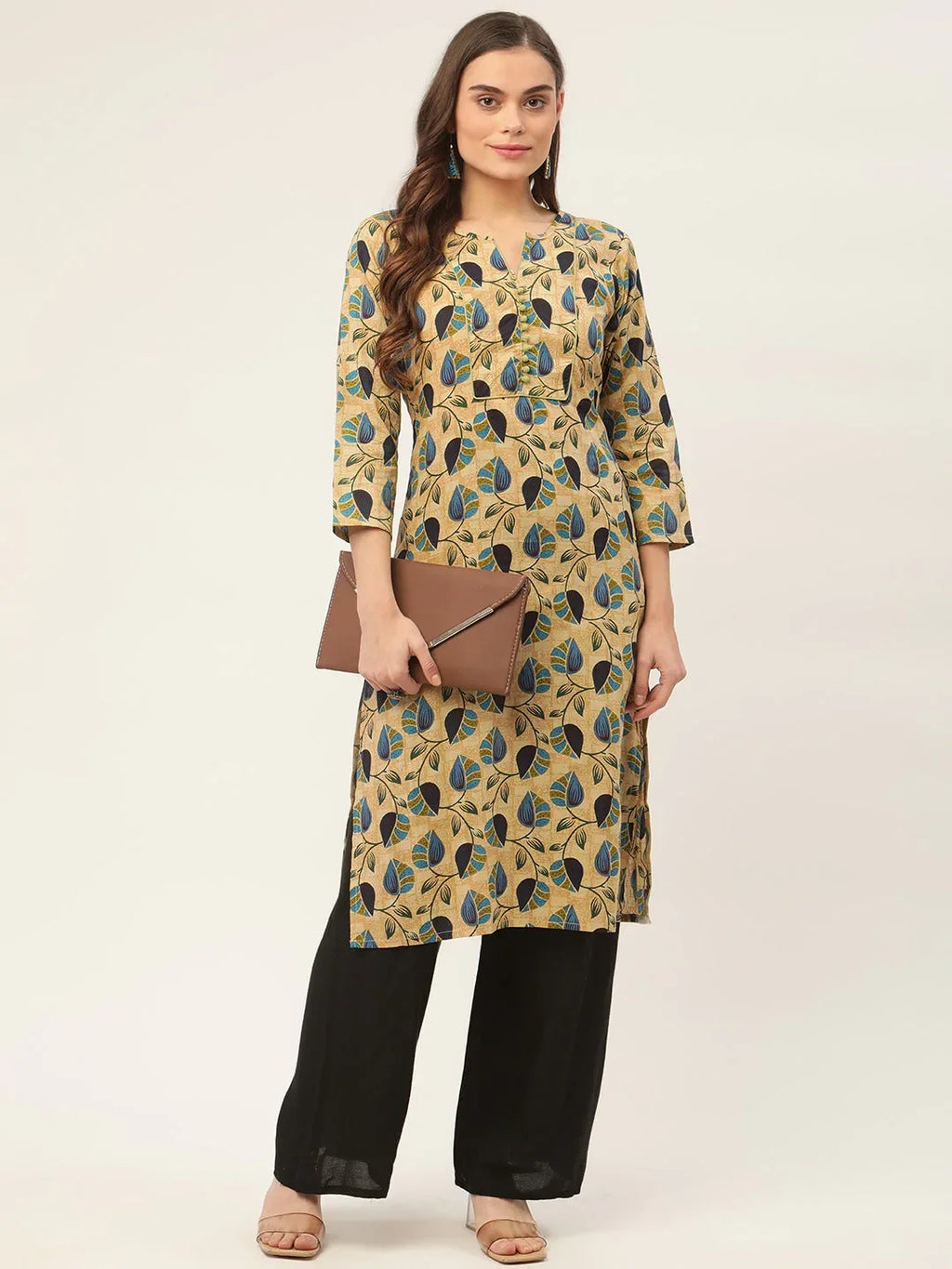 Jompers Women's Beige and Navy Printed Straight Pure Cotton Kurta | Grocsy