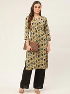 Jompers Women's Beige and Navy Printed Straight Pure Cotton Kurta | Grocsy