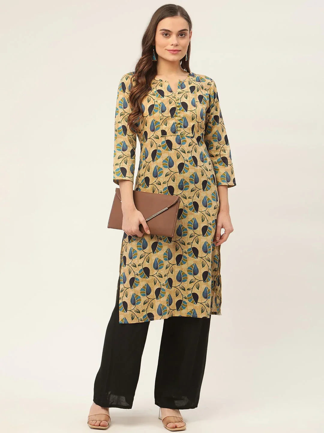 Jompers Women's Beige and Navy Printed Straight Pure Cotton Kurta | Grocsy