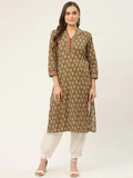 Jompers Women's Brown and Olive Printed Straight Pure Cotton Kurta | Grocsy