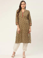 Jompers Women's Brown and Olive Printed Straight Pure Cotton Kurta | Grocsy