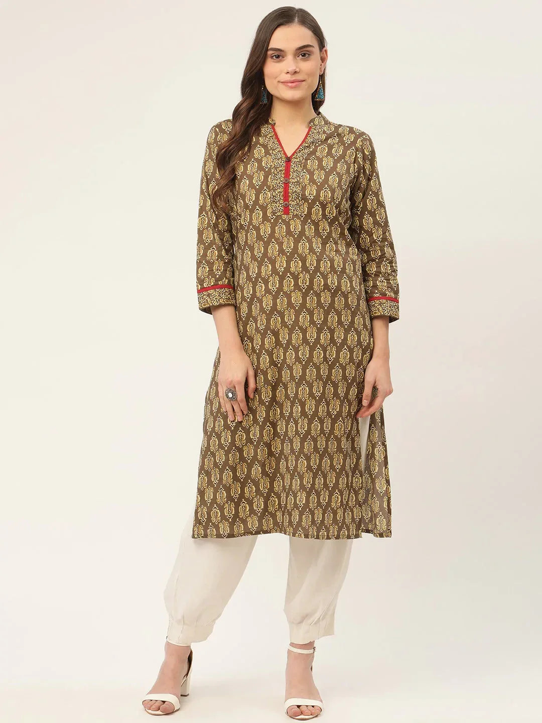 Jompers Women's Brown and Olive Printed Straight Pure Cotton Kurta | Grocsy