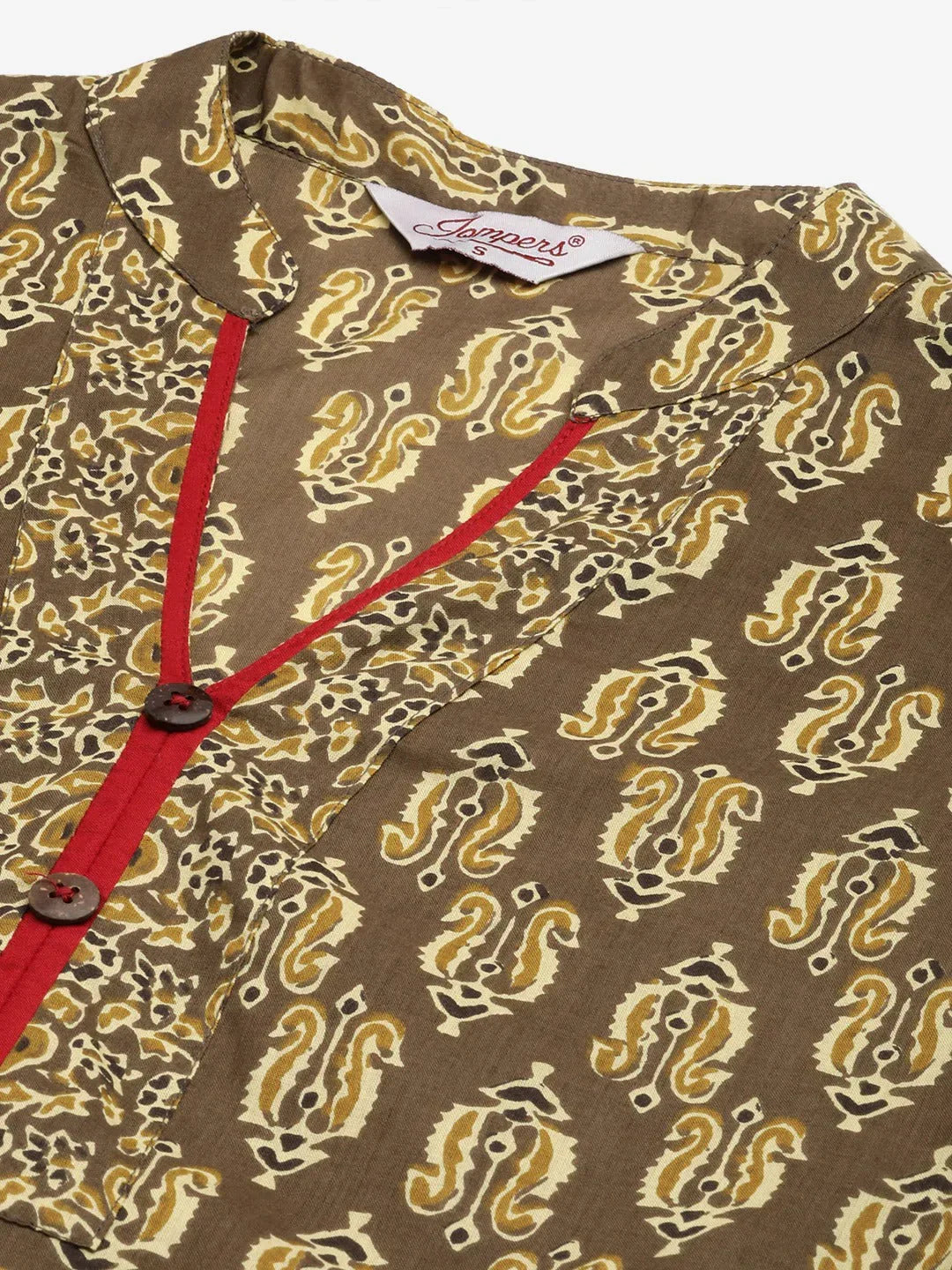 Jompers Women's Brown and Olive Printed Straight Pure Cotton Kurta | Grocsy