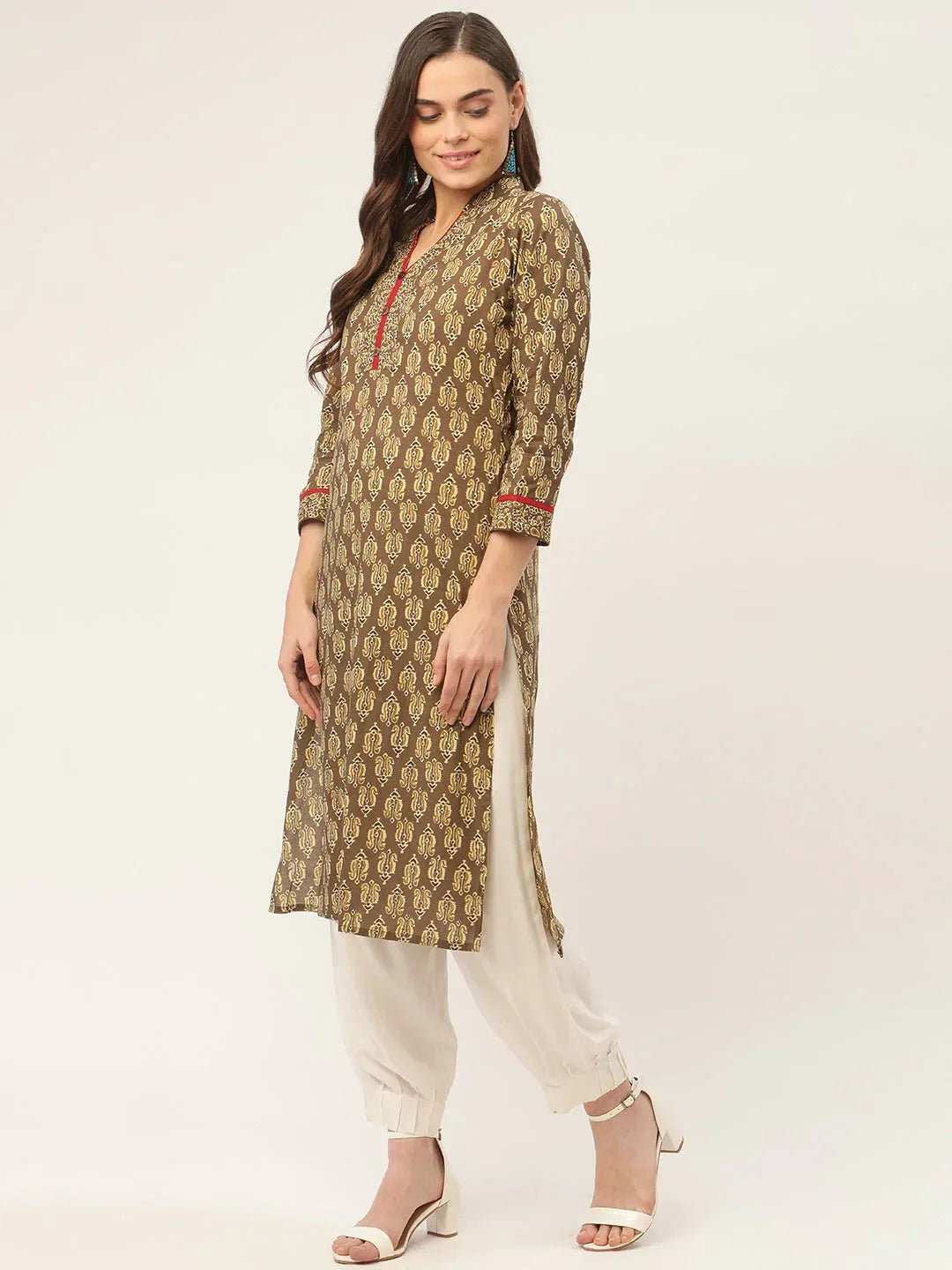 Jompers Women's Brown and Olive Printed Straight Pure Cotton Kurta | Grocsy