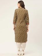 Jompers Women's Brown and Olive Printed Straight Pure Cotton Kurta | Grocsy