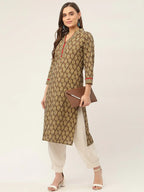 Jompers Women's Brown and Olive Printed Straight Pure Cotton Kurta | Grocsy