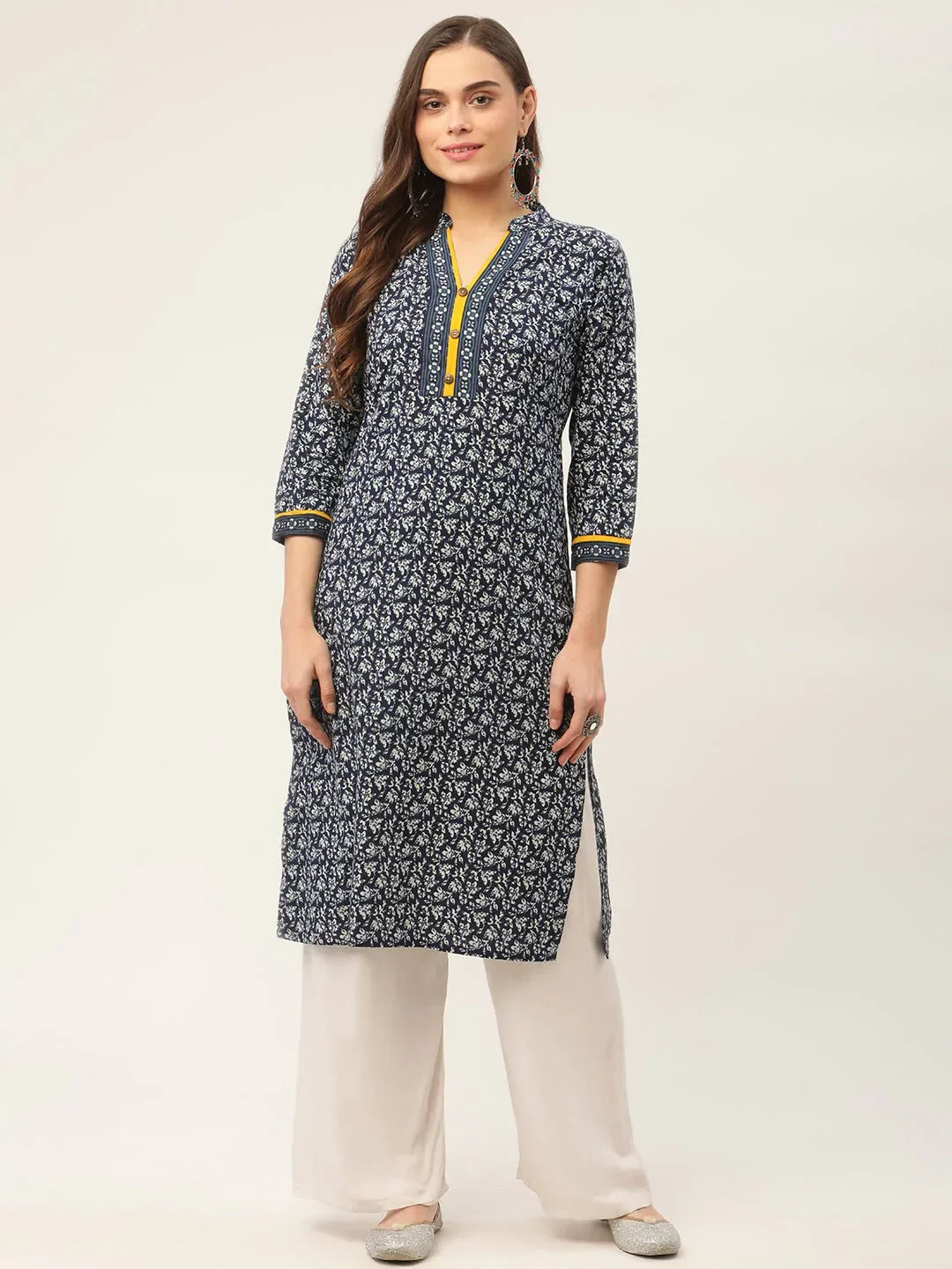 Jompers Women's Indigo Blue Printed Straight Pure Cotton Kurta | Grocsy