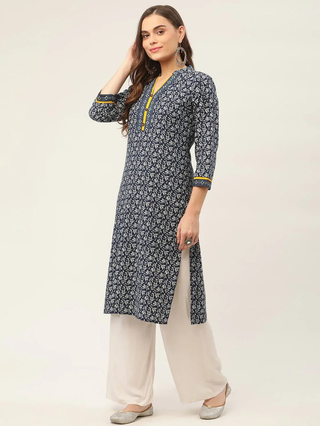 Jompers Women's Indigo Blue Printed Straight Pure Cotton Kurta | Grocsy