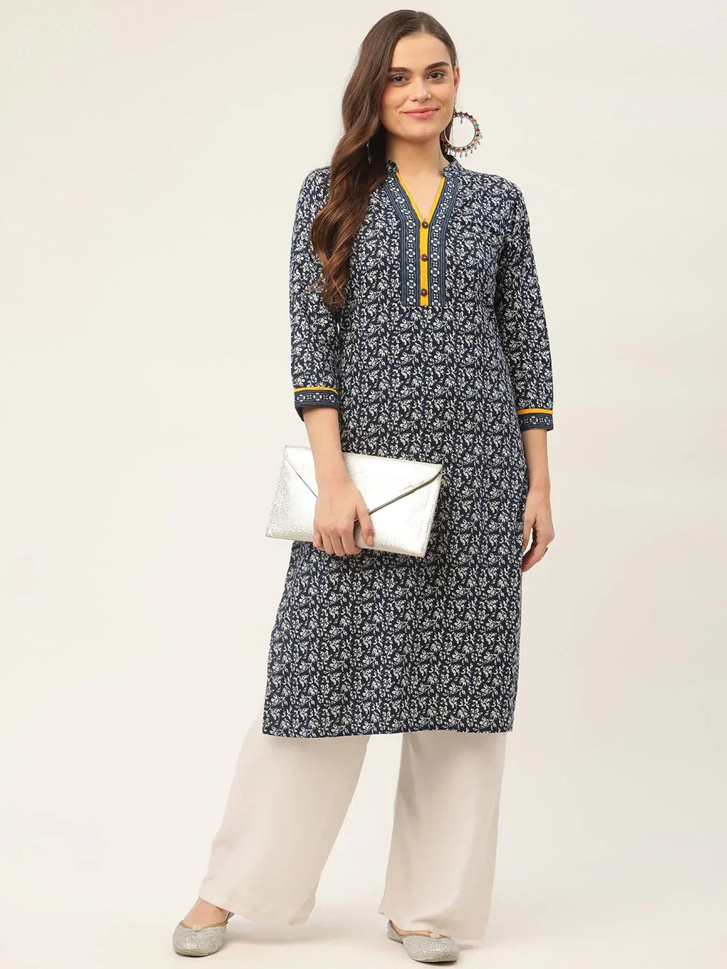 Jompers Women's Indigo Blue Printed Straight Pure Cotton Kurta | Grocsy