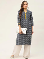 Jompers Women's Indigo Blue Printed Straight Pure Cotton Kurta | Grocsy