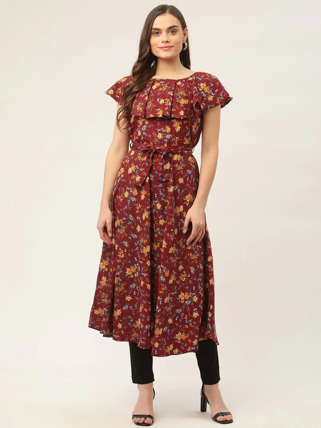 Jompers Women's Maroon Flared Printed kurta | Grocsy