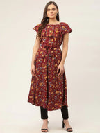 Jompers Women's Maroon Flared Printed kurta | Grocsy