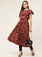 Jompers Women's Maroon Flared Printed kurta | Grocsy