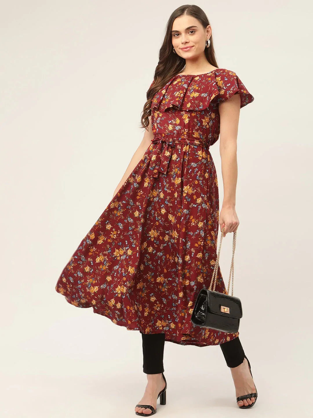 Jompers Women's Maroon Flared Printed kurta | Grocsy