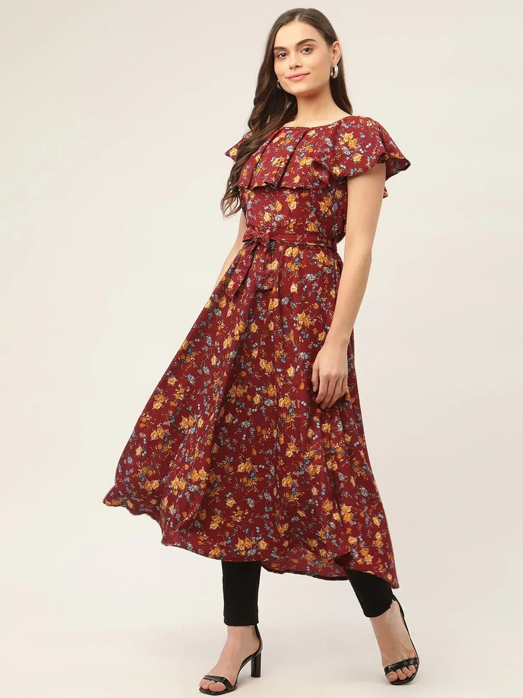 Jompers Women's Maroon Flared Printed kurta | Grocsy