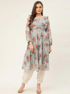 Jompers Women's Grey Georgette Flared Printed kurta | Grocsy